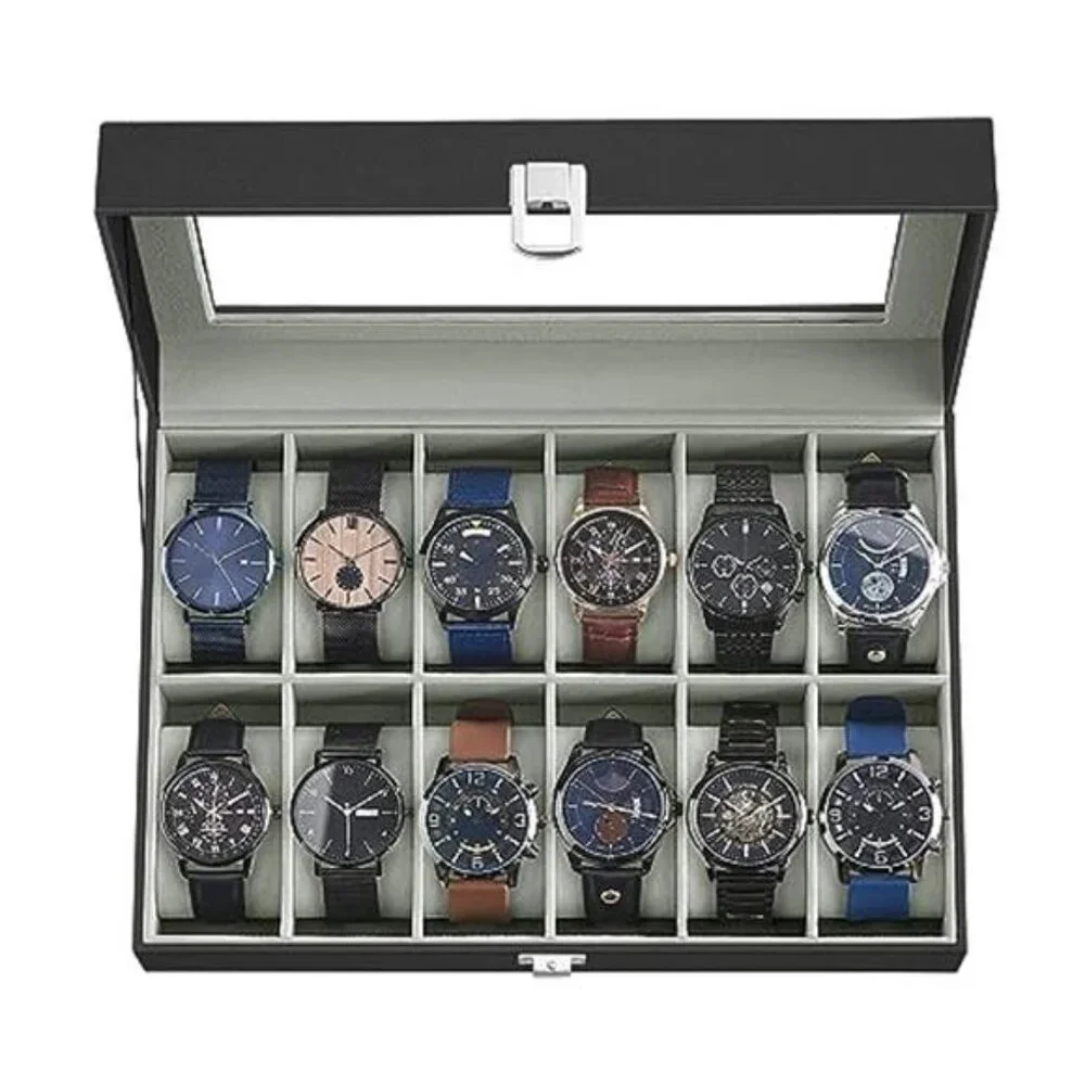 Watch Box, 12-Slot Watch Case Organizer with Large Glass Lid